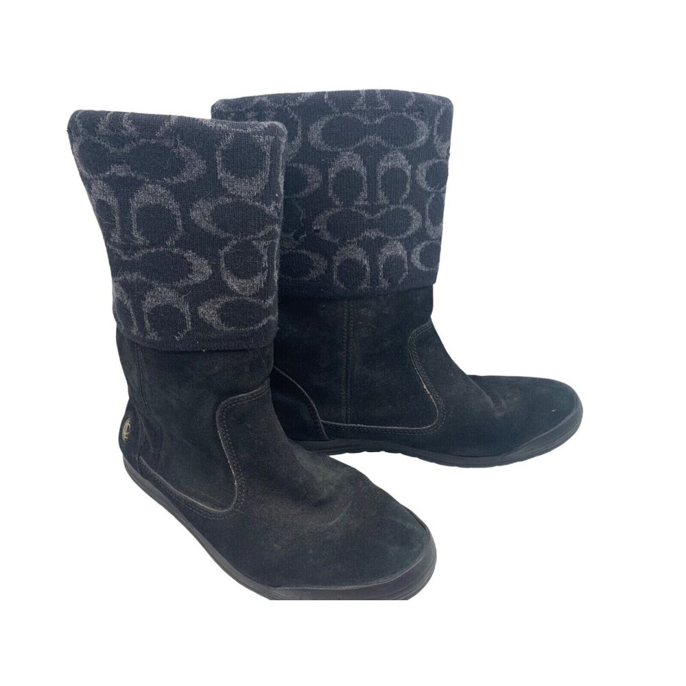 Coach Womens Tatum Boots Sz 6.5 Logo Sweater Cuff Suede Snow Designer *Tiny Flaw